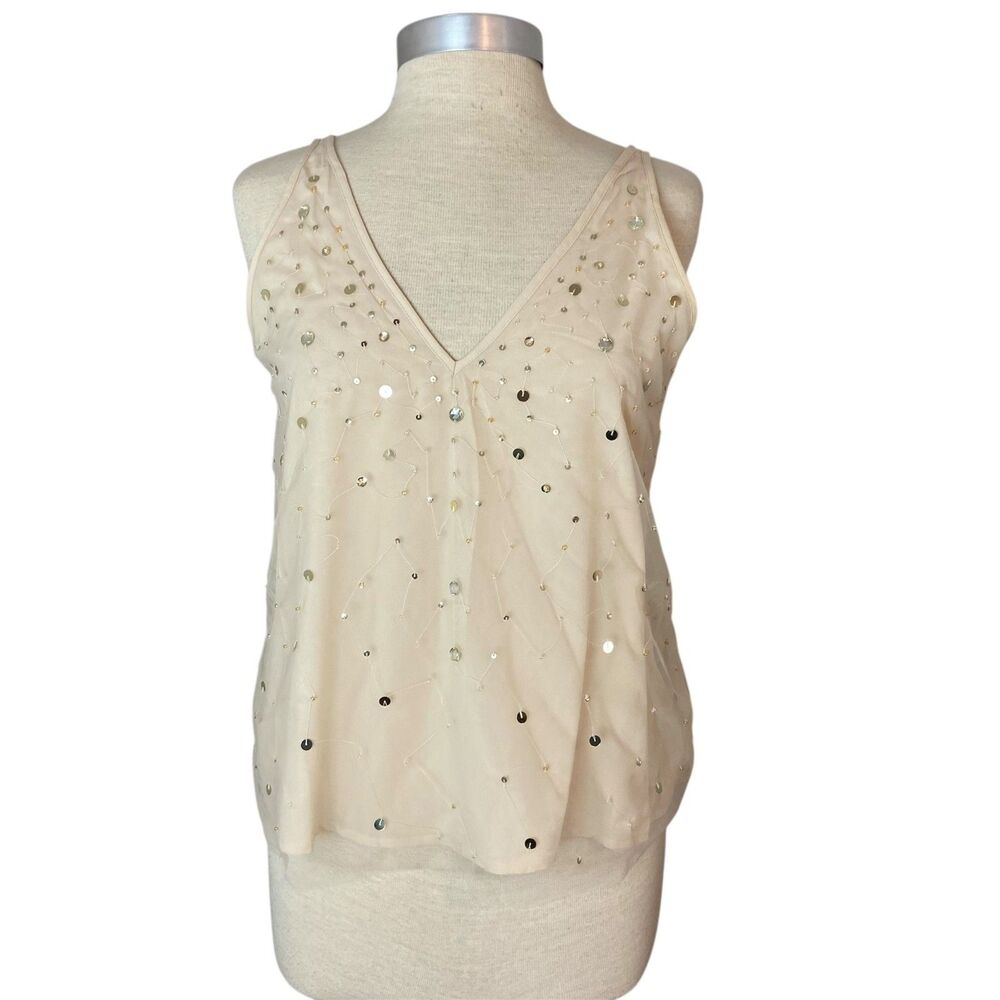 LOFT Tank Top Blouse‎ Sz S Cream Tulle Sequin Romantic Ethereal Fairy Whimsy